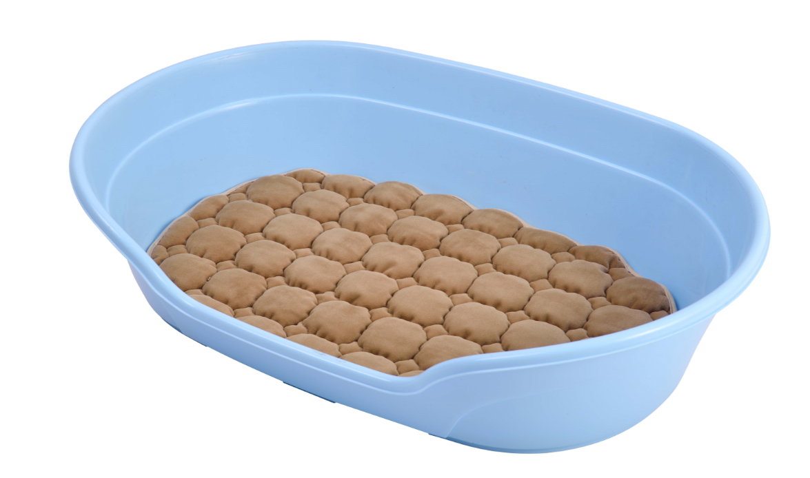 Blue plastic pet litter box with brown cat litter inside on a white background at Pet Servo
