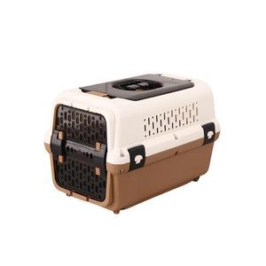 Pet carrier with beige and brown color scheme on a white background at Pet Servo