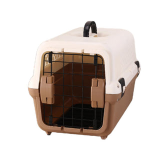 Pet carrier with beige and brown design on a white background at Pet Servo