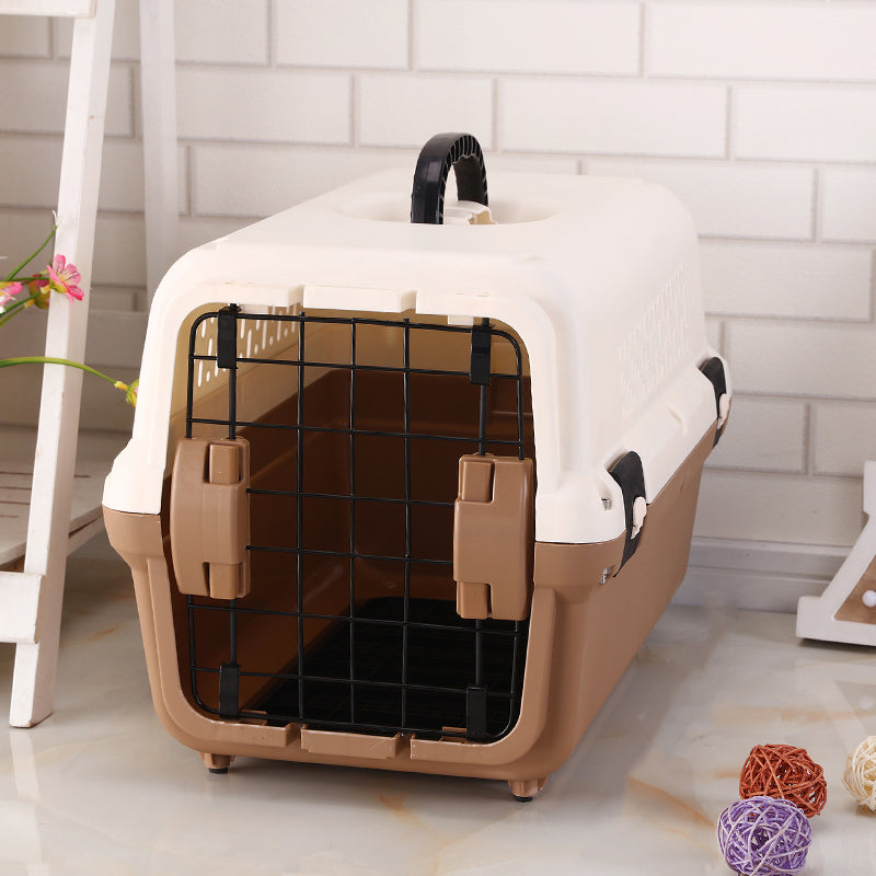 Pet carrier with beige and white exterior on a light wooden floor at Pet Servo