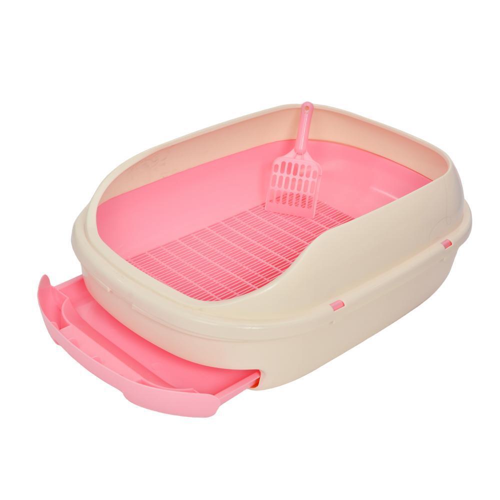 Pink and beige pet litter box with scoop on a white background at Pet Servo