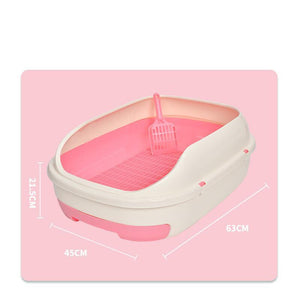 Pink and beige pet litter box with dimensions on a pink background at Pet Servo