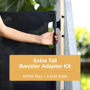 Person holding an extra tall banister adapter kit with text overlay