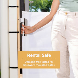 Person installing a hardware mounted gate with 'Rental Safe' text overlay.