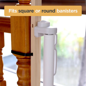 White stair rail guard with black clip attached to wooden banister, text 'Fits square or round banisters' above.