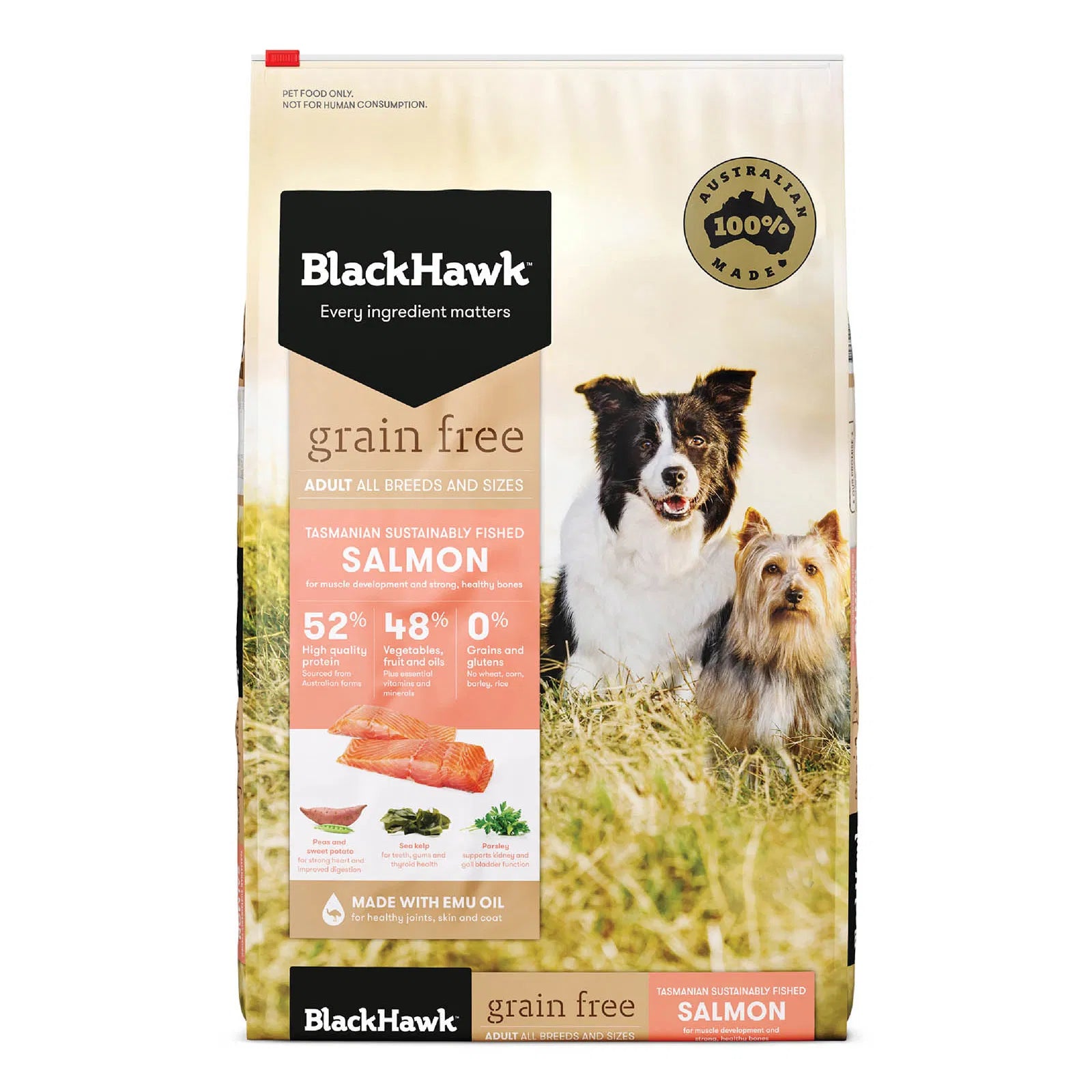 BlackHawk grain-free dog food package with two dogs on a grassy background