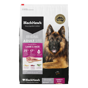 Black Hawk dog food package with a German Shepherd on a white background