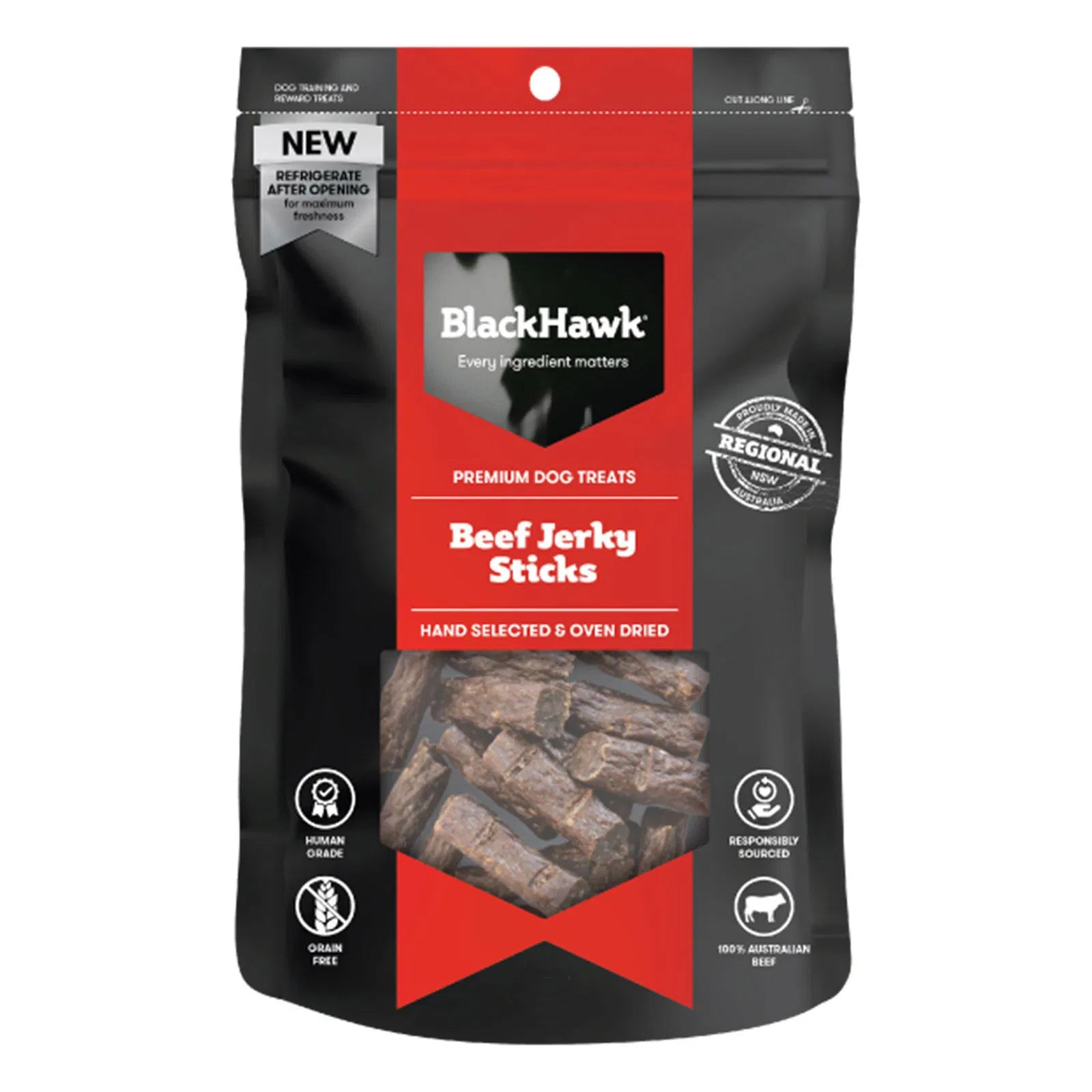 Black Hawk Beef Jerky Sticks packaging on a white background