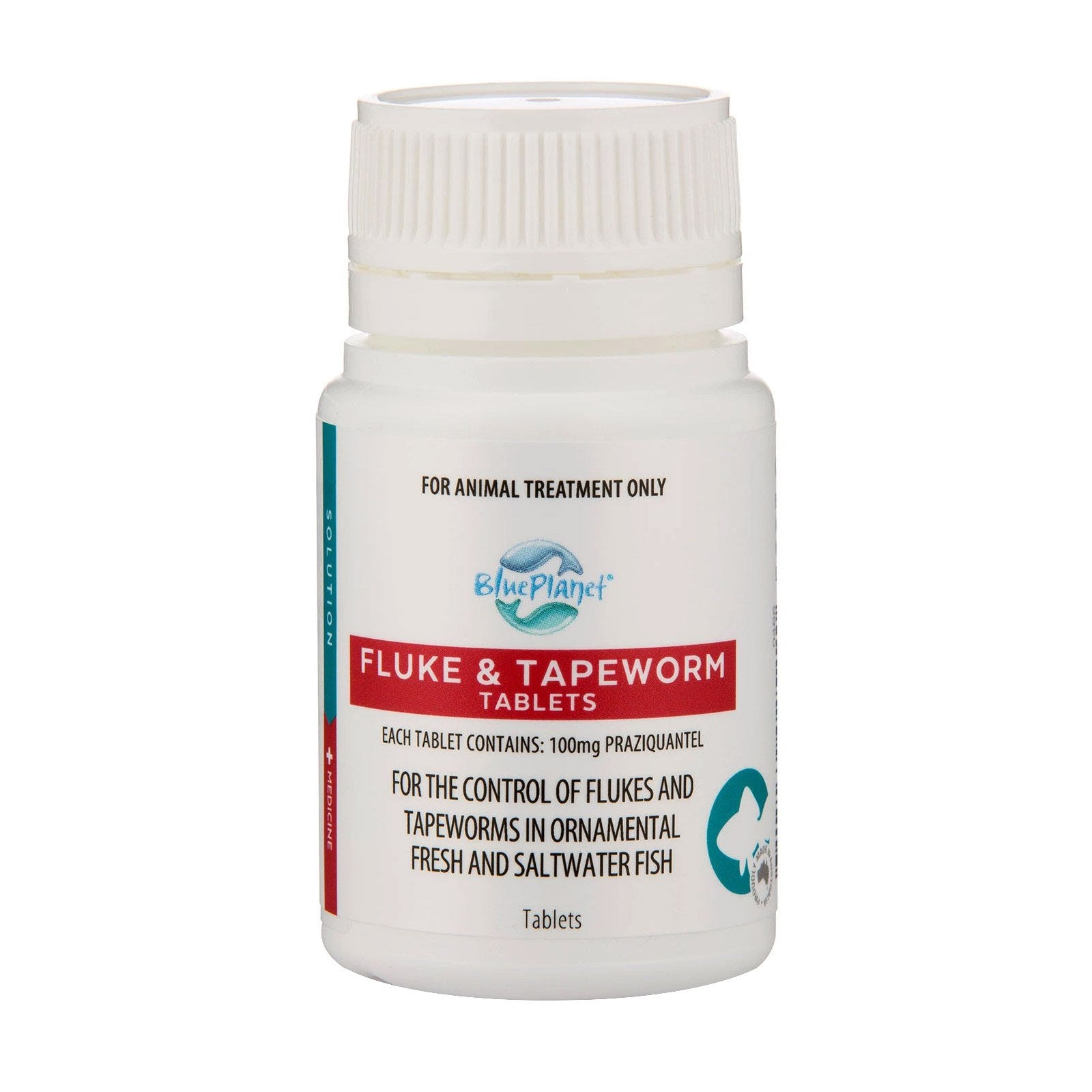 White bottle of fluke and tapeworm tablets for animals on a white background at Pet Servo