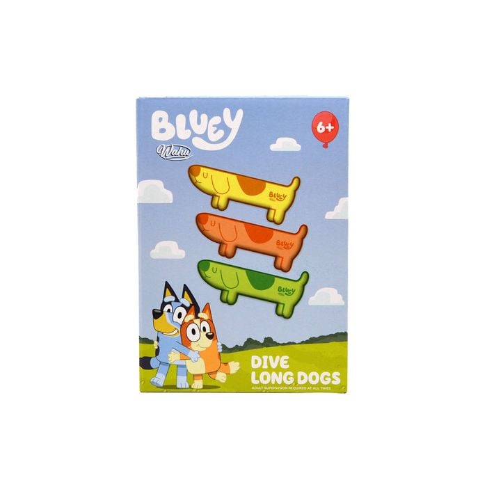 Packaging of Bluey Dive Long Dogs with cartoon characters on a blue background at Pet Servo