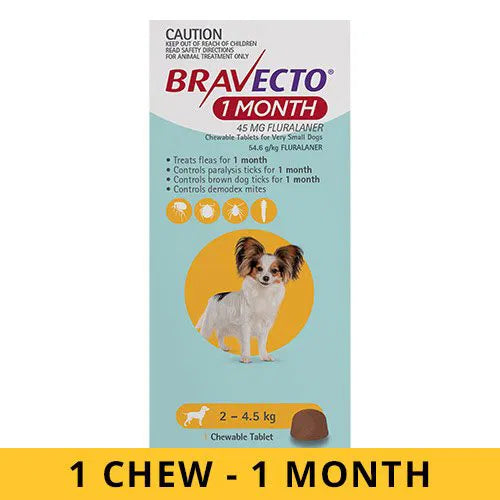 Bravecto 1 Month Chew for Dogs 2-4.5Kg Very Small (Yellow) at PetServo
