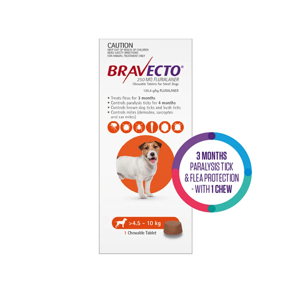 Bravecto packaging for dogs with a dog illustration and text on a white background