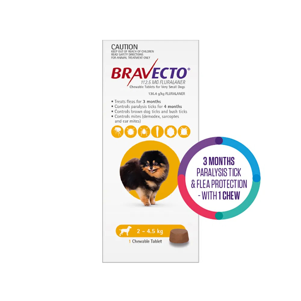 Bravecto packaging for dogs with a small dog illustration and text about flea and tick protection at Pet Servo