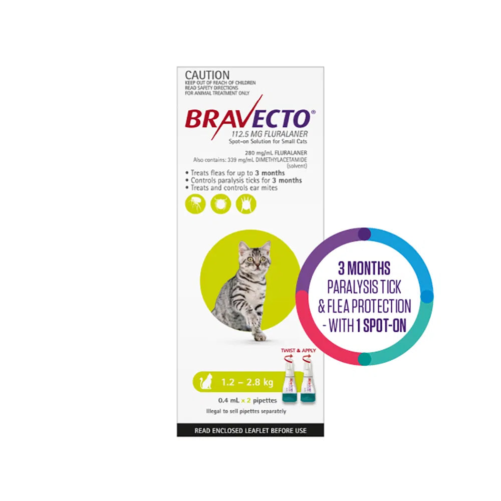 Bravecto packaging for cats with a cat illustration on a white background at Pet Servo