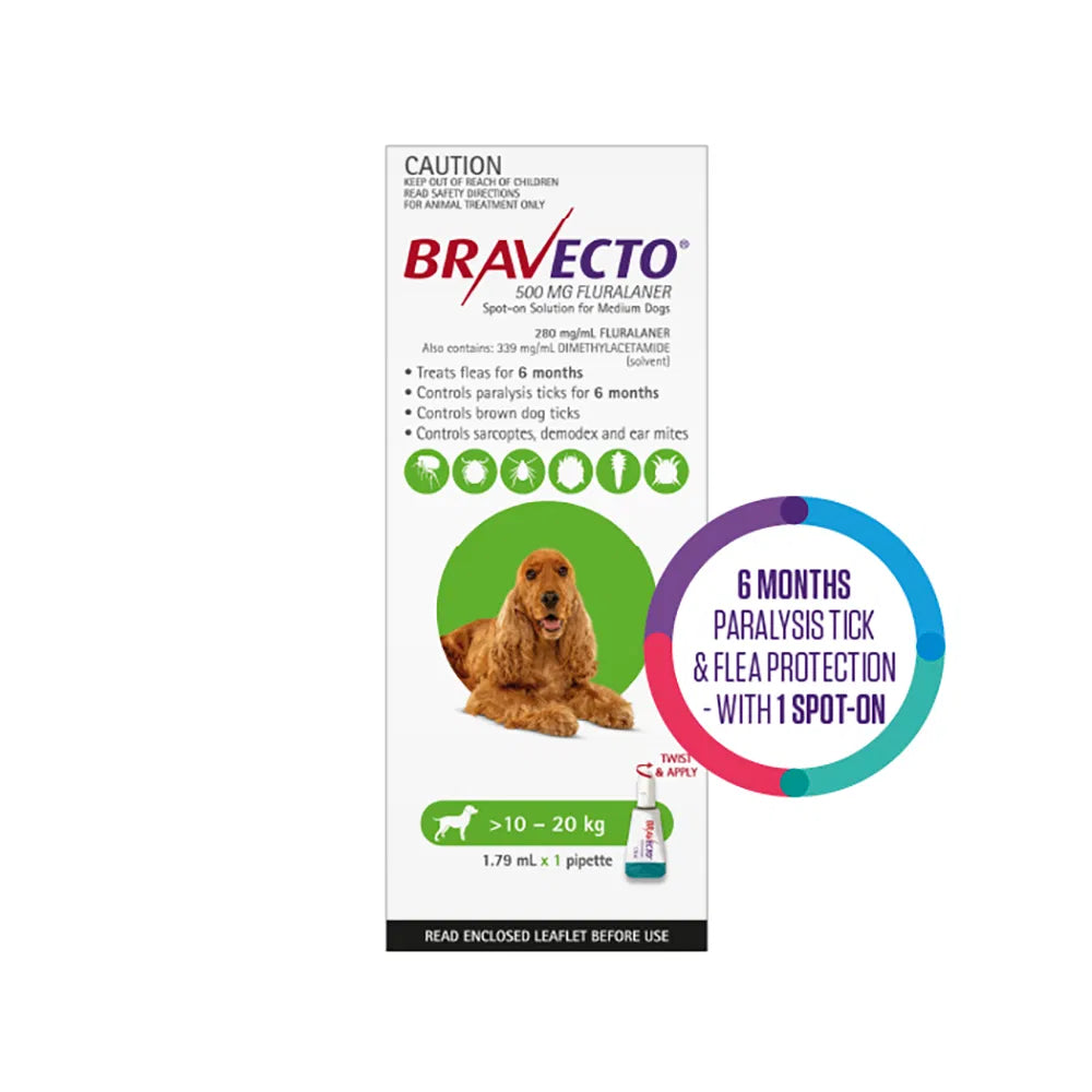 Bravecto packaging for dogs with a visual of a dog and text on a white background at Pet Servo