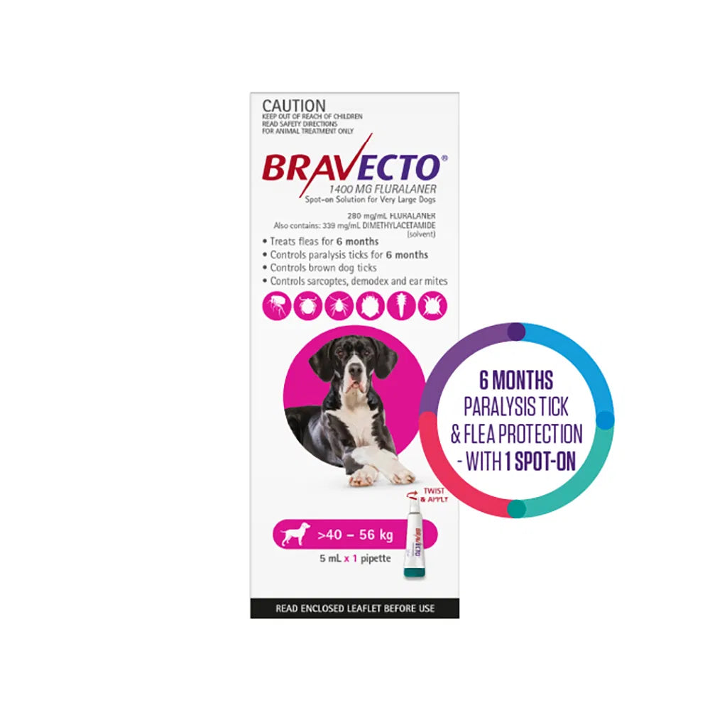 Bravecto packaging for very large dogs with a dog illustration on a white background at Pet Servo