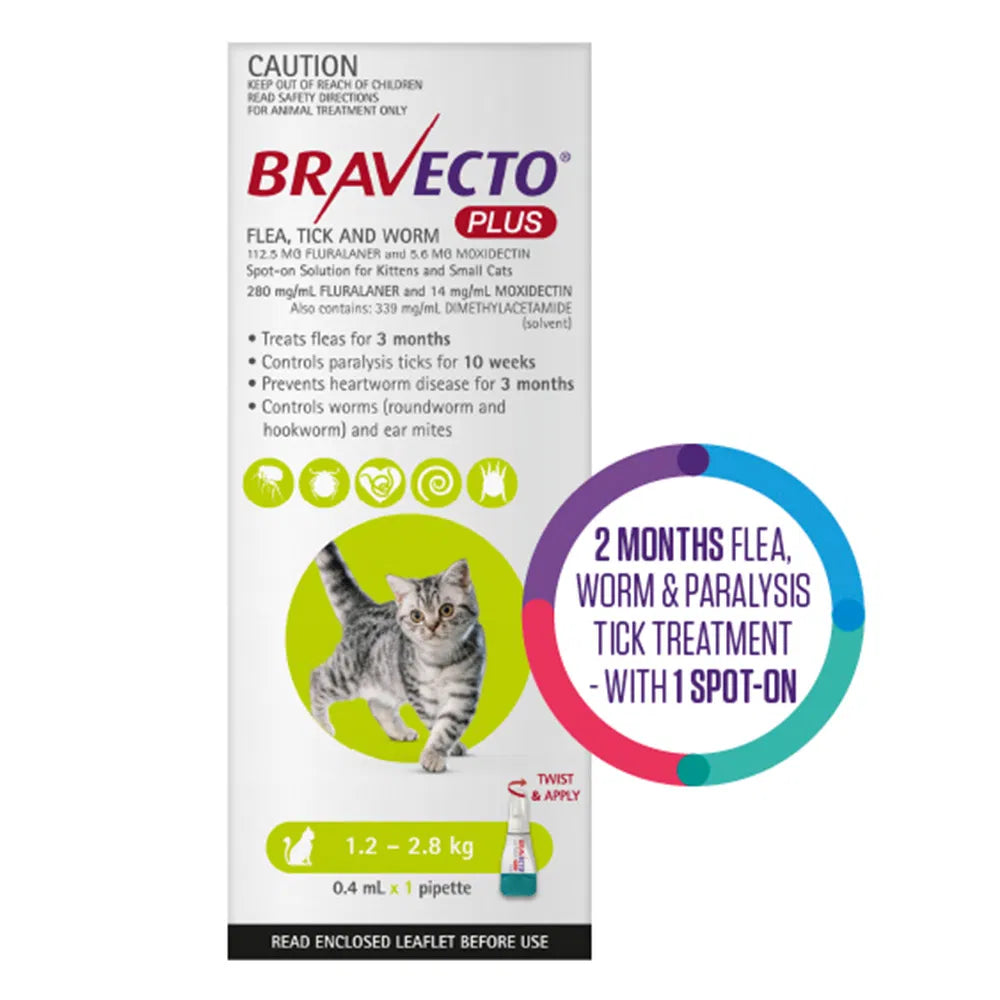 Bravecto Plus packaging for cats with text and graphics on a white background at Pet Servo