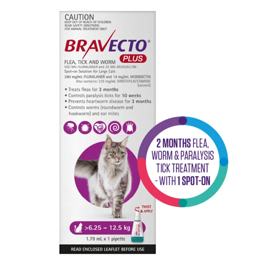 Bravecto Plus packaging for cats with text and images on a white background at Pet Servo