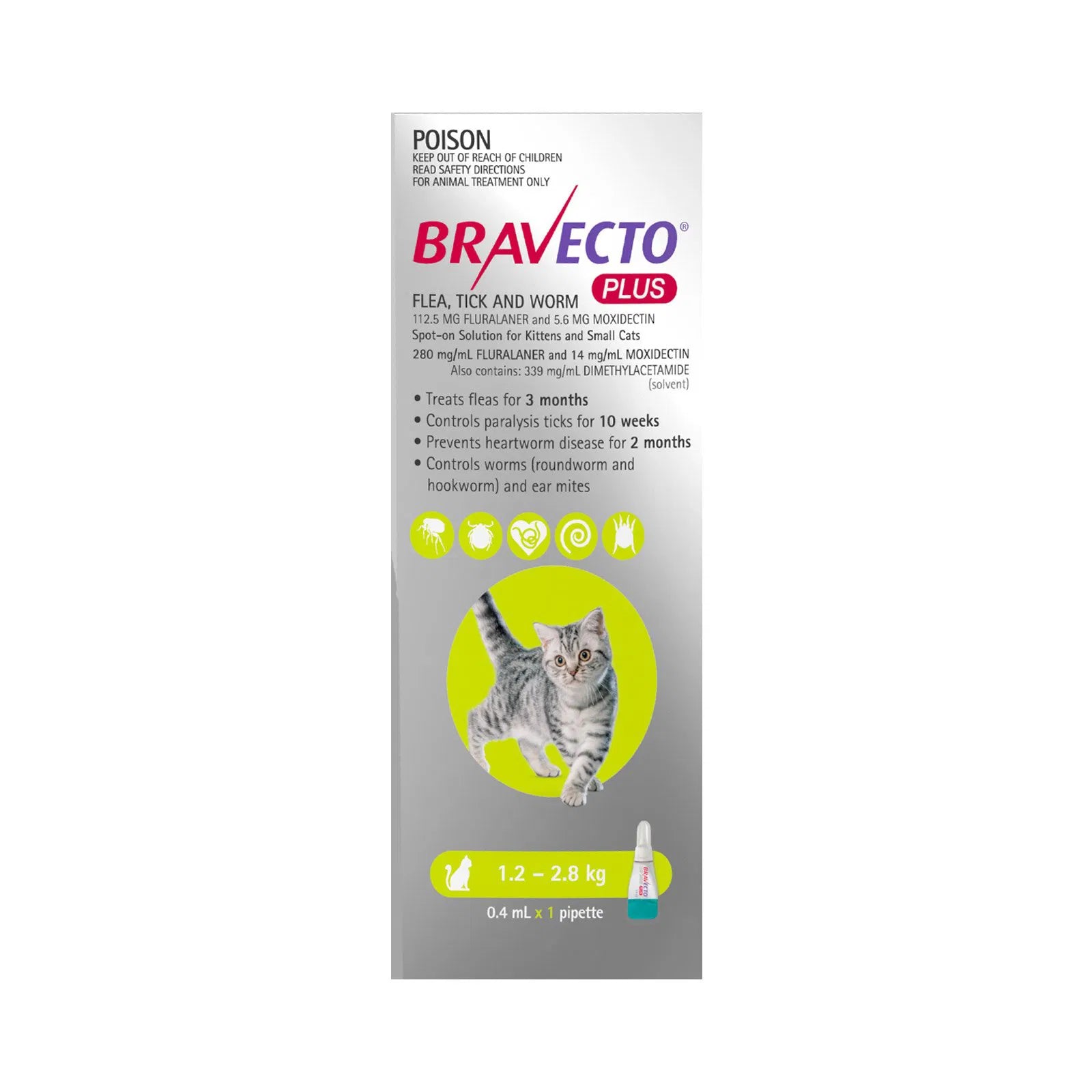 Buy Bravecto Plus for Small Cats 1.2 – 2.8 kg (Green) at Pet Servo