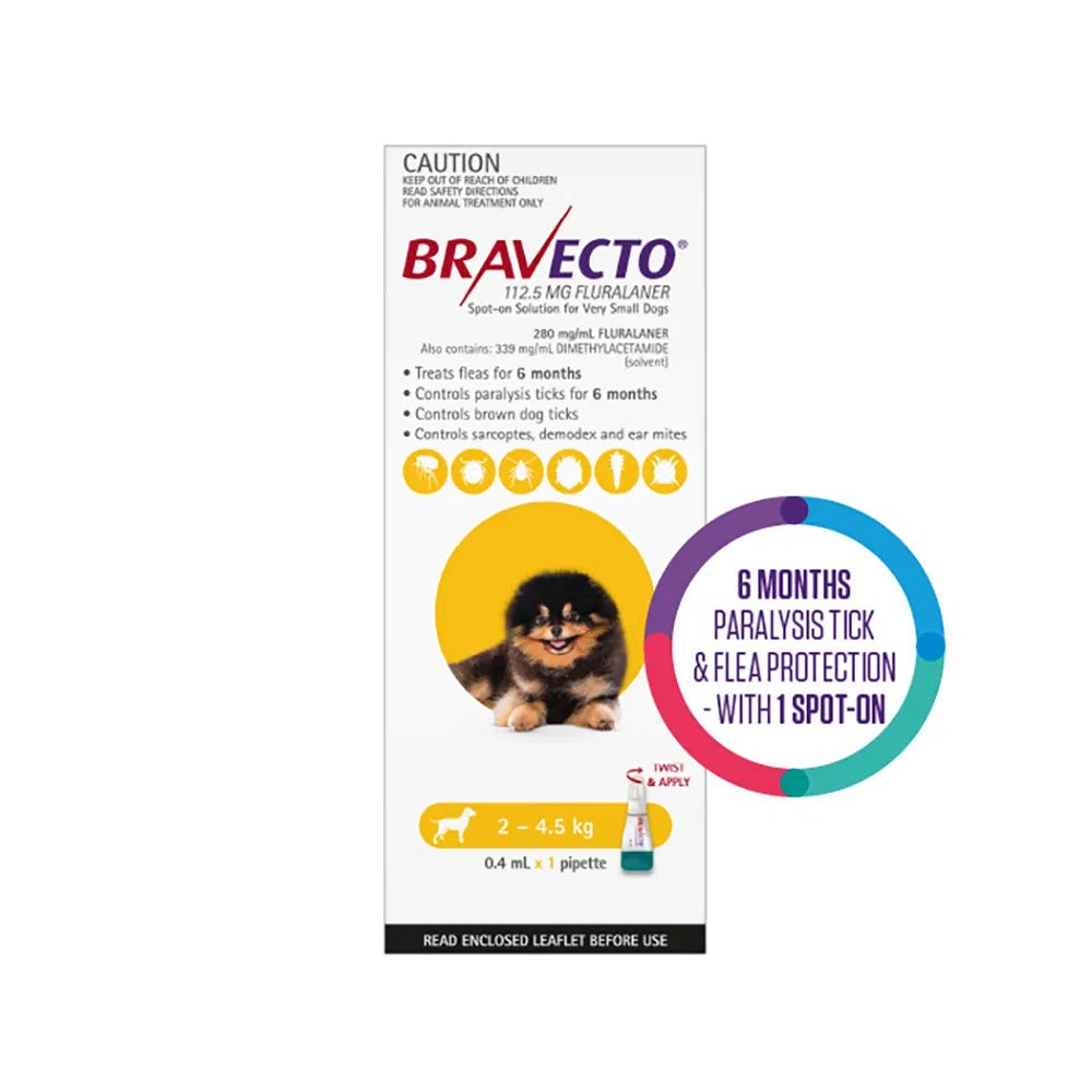 Bravecto packaging for dogs with a small dog illustration and text about tick and flea protectionat Pet Servo