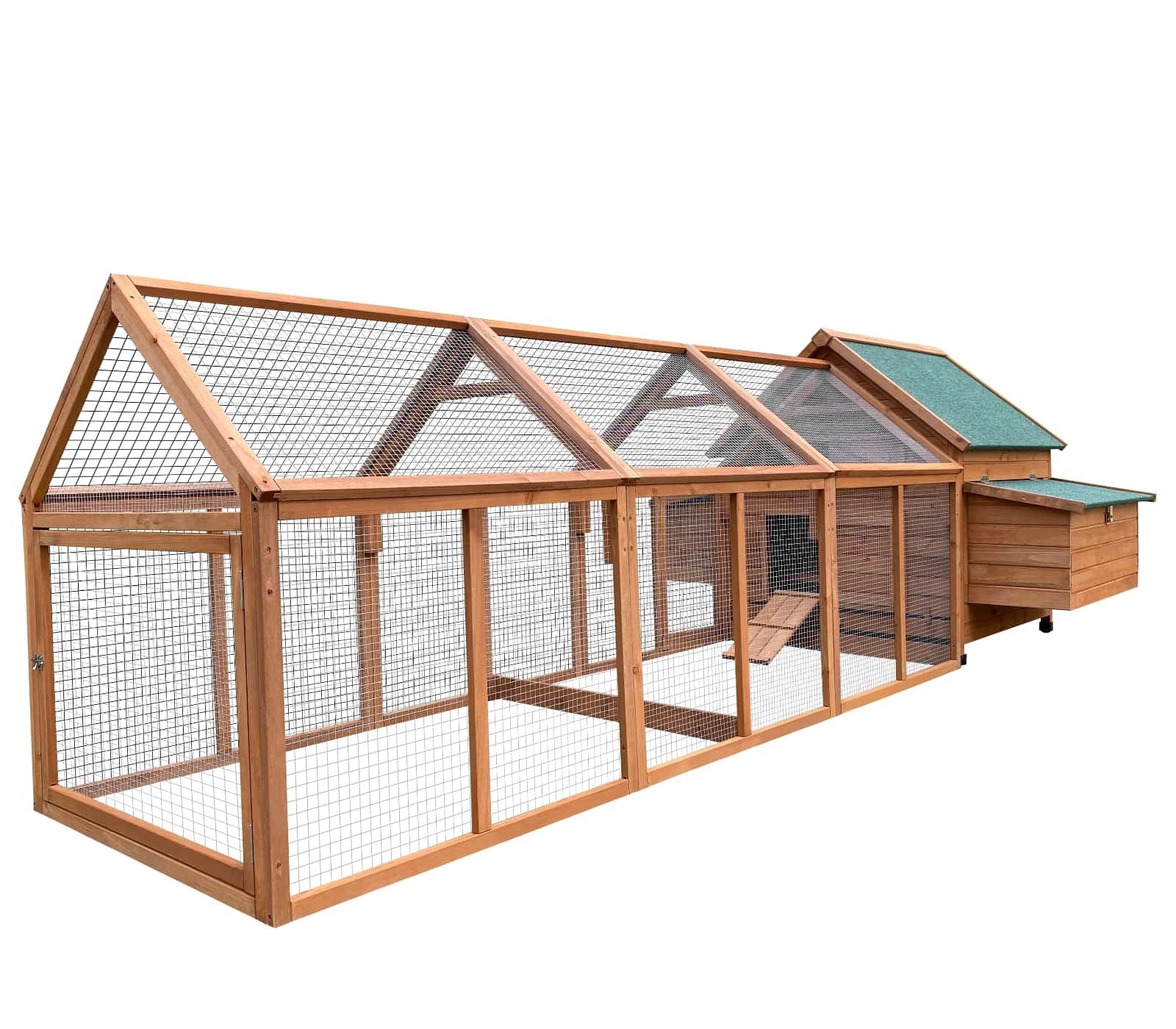 Wooden chicken coop with a green roof on a white background at Pet Servo