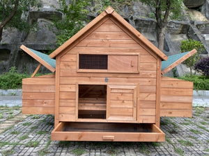 Wooden chicken coop with a sloped roof and open front door, set against a natural stone wall background at Pet Servo