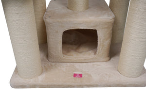 Beige cat tree with multiple scratching posts and a hiding compartment on a white background at Pet Servo