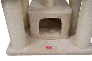 Beige carpeted cat tree with a central enclosed cubby, sisal-wrapped scratching posts, and a small red brand tag on the base at Pet Servo