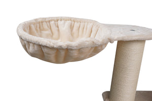 Cat tree with a cushioned platform and scratching post on a white background at Pet Servo