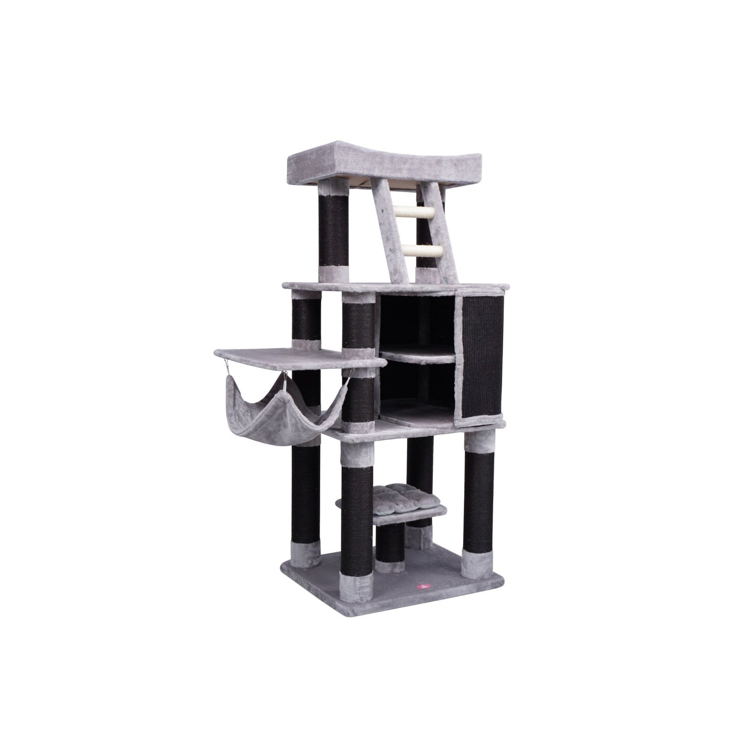 Cat tree with multiple levels and a hanging toy on a white background at Pet Servo