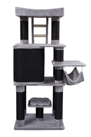 Multilevel cat tree with platforms, a ladder, and a hanging hammock on a white background at Pet Servo