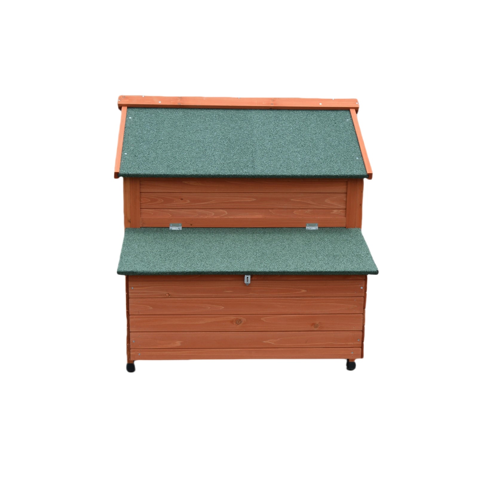 A wooden storage box with a two-tiered design, featuring a reddish-brown wood finish and textured green roofs on each level, shown against a plain white background at Pet Servo