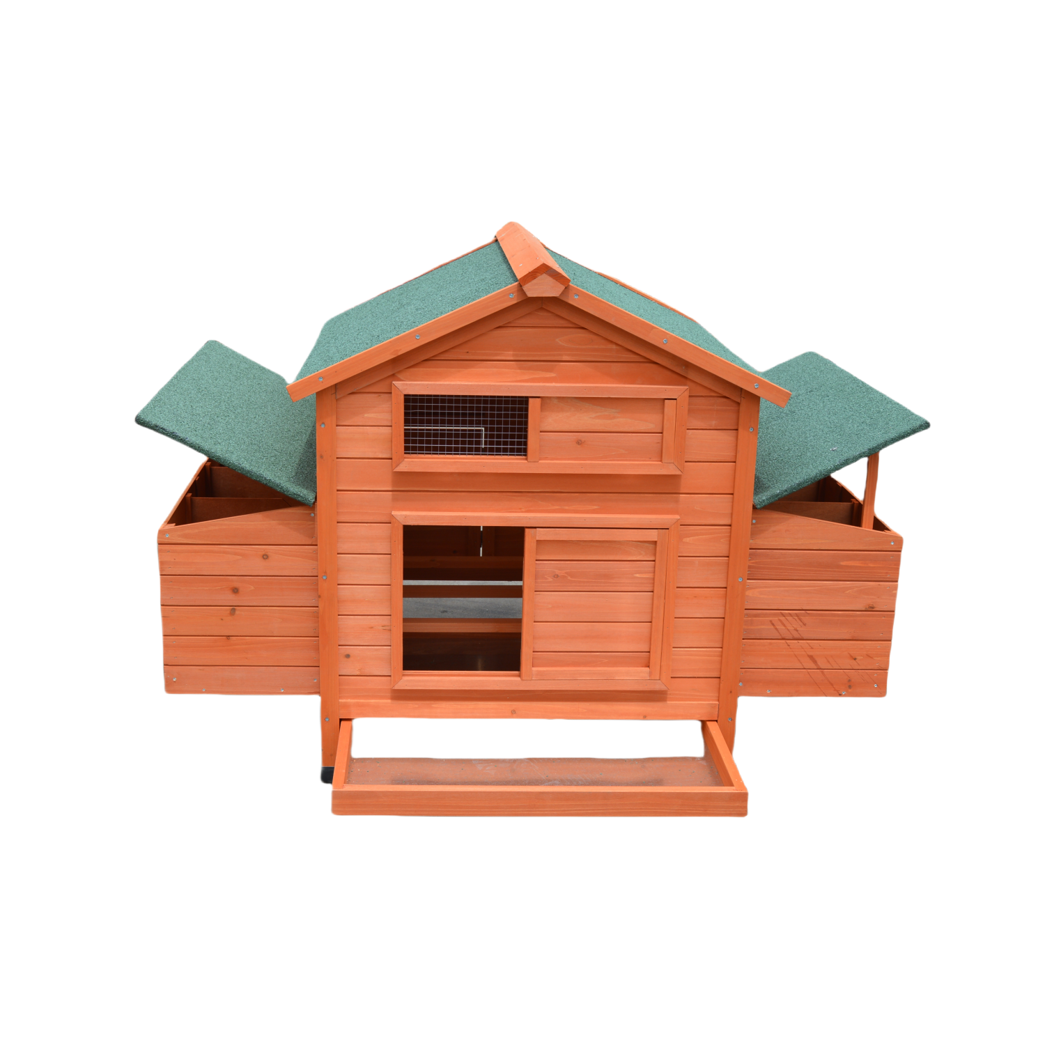 Wooden chicken coop with green roof on a white background at Pet Servo