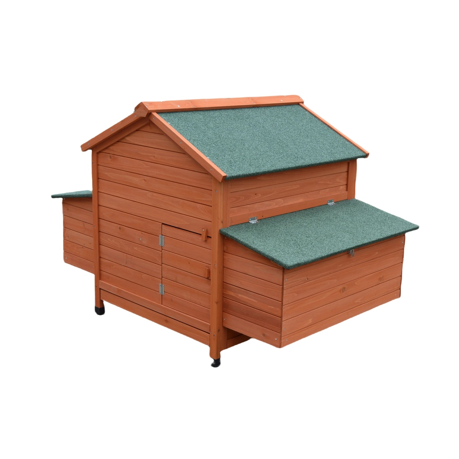 A wooden chicken coop with a reddish-brown wood-plank exterior and textured green roofs, shown on a plain white background at Pet Servo