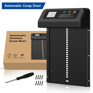 Automatic chicken coop door with packaging, tools, and screws on a white background at Pet Servo