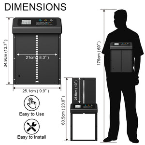 Dimensions of a black electronic device with a silhouette of a person for scale at Pet Servo