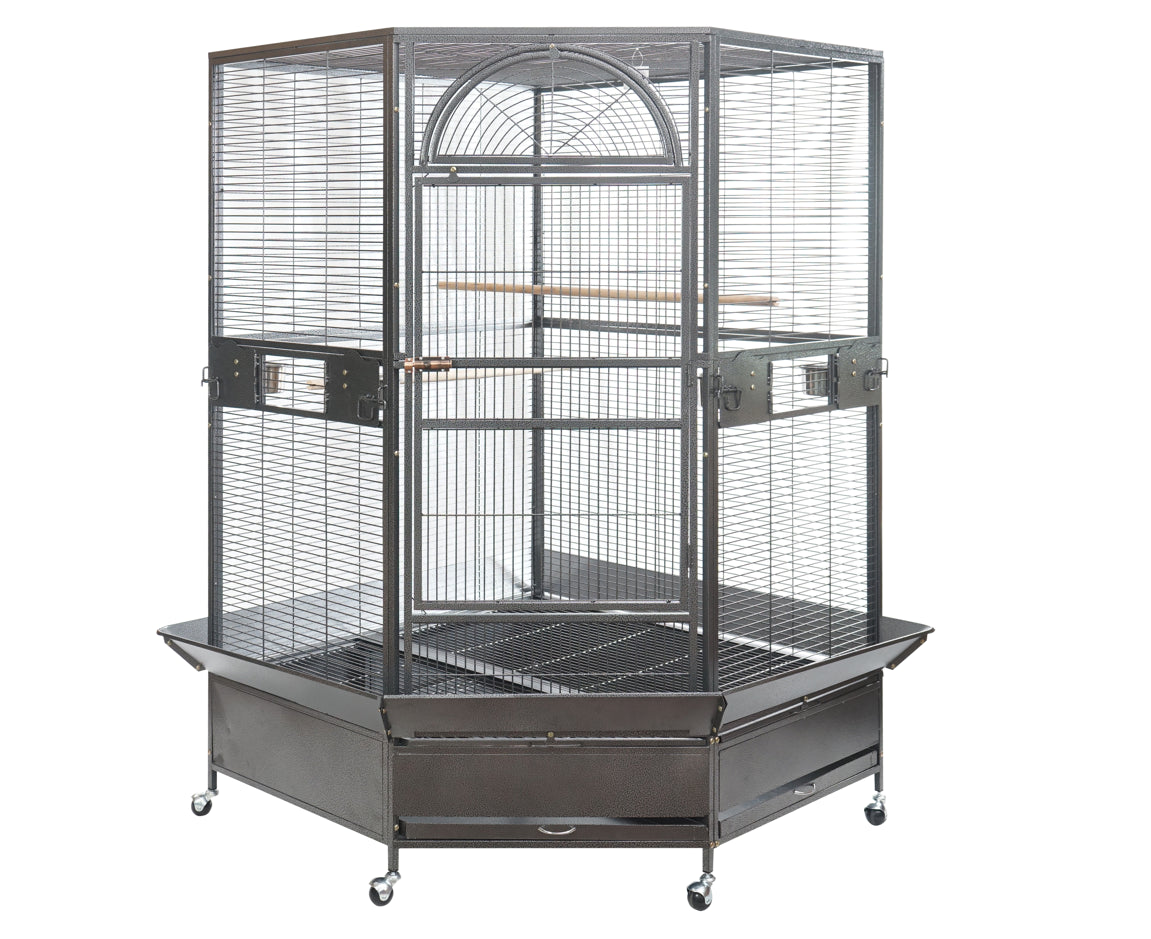 Large bird cage with a clear glass front on a white background at Pet Servo