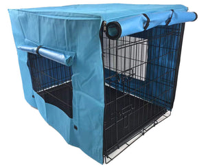 Dog crate with a blue cover on a white background at Pet Servo