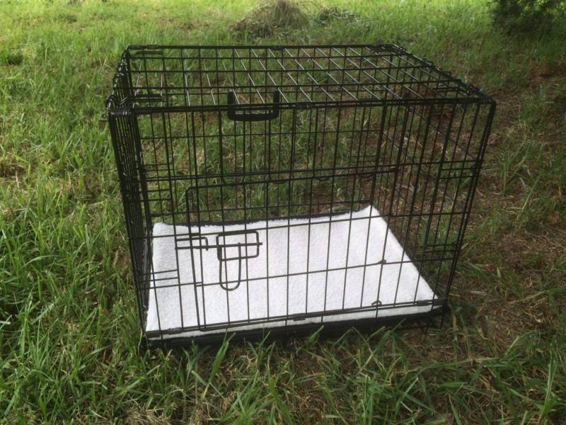 Black metal dog crate with a white towel on grass at Pet Servo