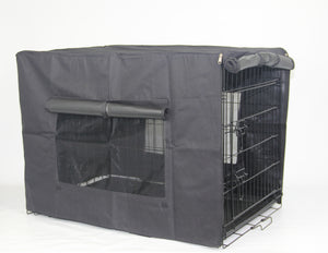 Black pet crate with cover on a white background at Pet Servo