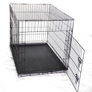 Black metal pet crate with a black mat on a white background at Pet Servo