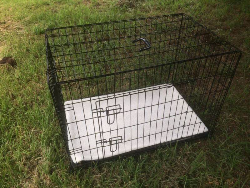 Black wire pet crate with a white mat on grass at Pet Servo