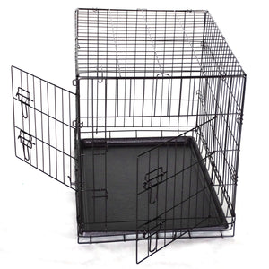 Black metal pet crate with a tray on a white background at Pet Servo