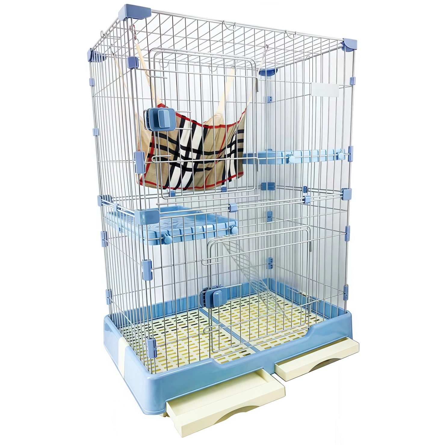 YES4PETS - 134 cm XL Blue Pet 3 Level Cat Cage House With Litter Tray & Wheel 99x63x134 cm