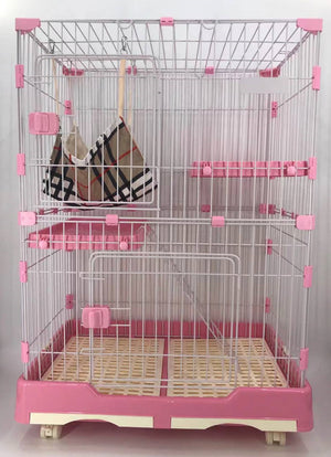 Pet cage with pink accents and a checkered bag inside on a light gray background at Pet Servo