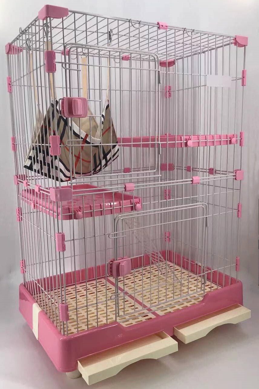 Pink bird cage with perches and a stand on a white background at Pet Servo