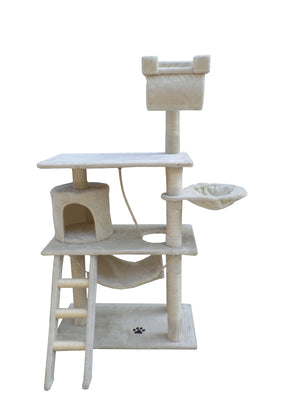 Beige cat tree with multiple levels and a platform on a white background at Pet Servo