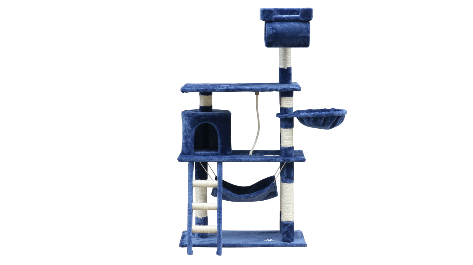 Blue and white cat tree with multiple levels and a hammock on a white background at Pet Servo
