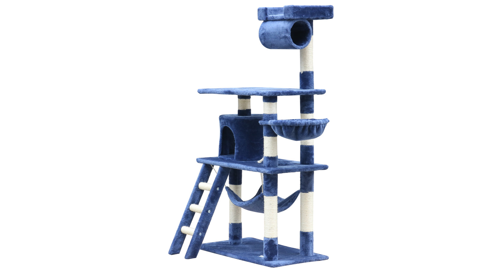 Blue and white cat tree on a white background at Pet Servo