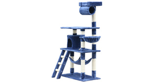 Blue and white cat tree on a white background at Pet Servo